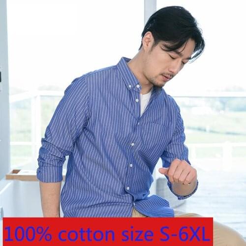 New High Quality Spring Long Sleeve Men Large 100% Pure Cotton Loose Stripe Casual Shirts Plus Size S M L XL 2XL 3XL 4XL 5XL 6XL