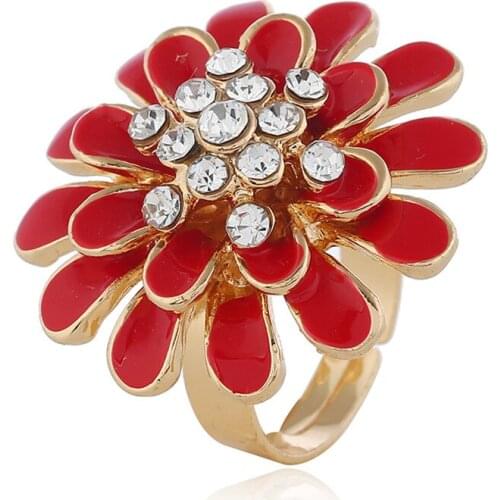 New Simple Gold Color Red Enameling Rhinestone Statement Ring for Women Girls Fashion Finger Ring Party Jewelry