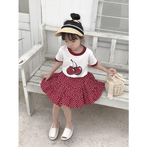 Summer Girls Clothing sets Cherry Print Short Sleeve T-Shirt +Wine Red Polka Dot Umbrella Skirt Set Baby 2 Piece Set