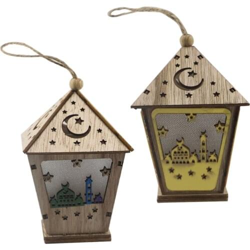 Wholesale qurbang Eid al Fitr, Ramadan wooden crafts ornaments, three-dimensional house with LED Light Pendant in stock
