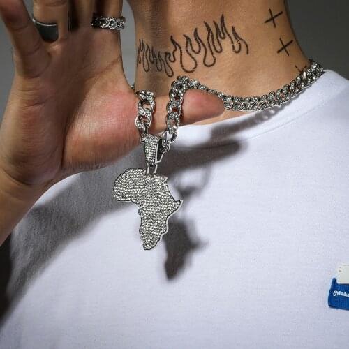 Hip-hop Map of Africa Pendant Necklace Shine Zircon Iced out Cuba Rock Choker Charm Map Necklace For Man Women Street Punk Gifts