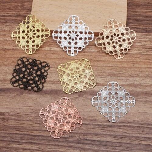 SEA MEW 50PCS 35mm Metal Copper Sheet 7 Colors Plated Filigree Flowers Slice Connectors Hollow Out Charm For Jewelry Making