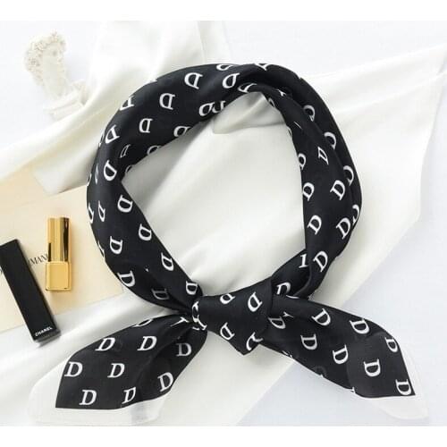 Silk Scarf Women Letter D Print Square Hair Scarves Foulard Black Headscarf Band Shawls and Wraps Neckerchief Bandana 90x90cm