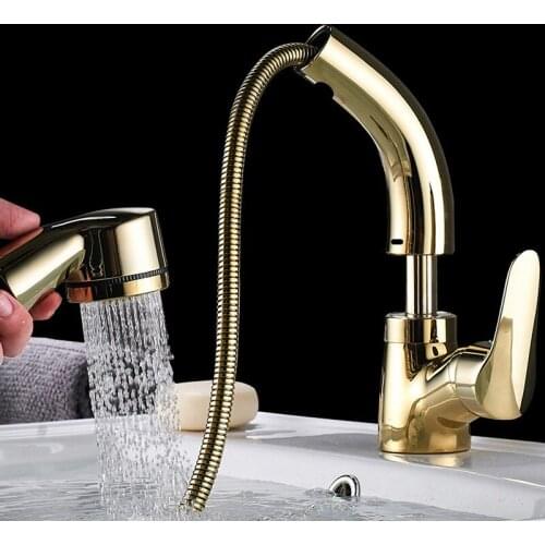 Bathroom Basin Faucets Brass Hot & Cold Single Handle Pull Out Type Rotatable Copper Sink Mixer Tap Lavatory Crane Gold/Chrome