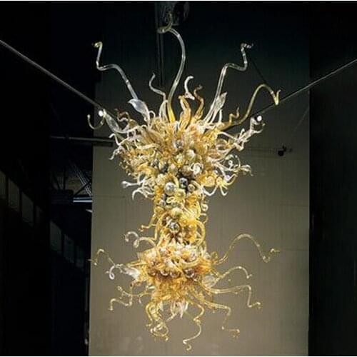 Contemporary Hand Blown Glass Chandelier Lamp Antique Large High Hanging LED Pendant Light 56 Inches Transparent Amber Color