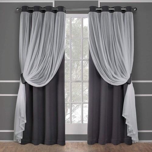 Solid Blue Black Blackout Curtains for Bedroom living room Layered and white Sheer Window pink Curtain Panel 2 layers