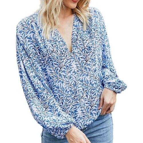 Autumn Women Blouse Long Sleeve Tops V-neck Shirt Lantern Sleeve Floral Print Blouse Elegant V-neck Blouse Women Party