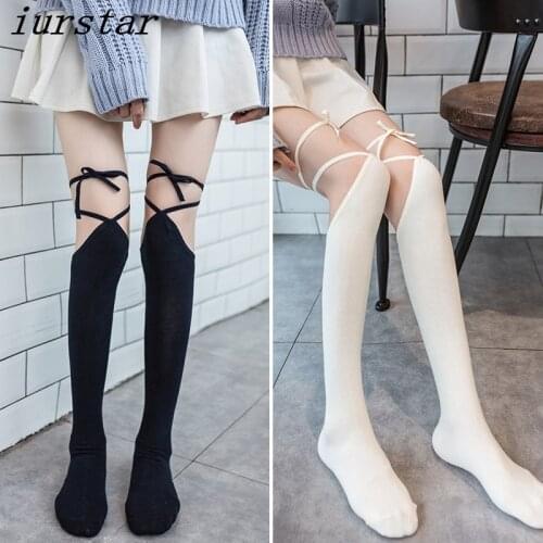 Iurstar Stockings Women 80D Velvet Knee Socks Sexy Lolita Stockings Knee Cross Bandage Pantyhose Tight Black Stockings