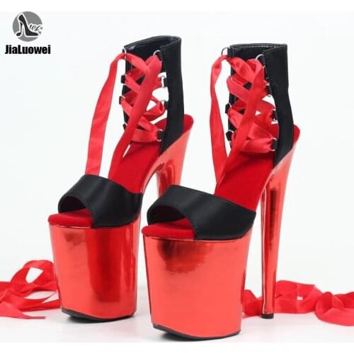 Women Sandasl 20CM Spike Heels Cross-Strap Red Mirror Color Ladies Party Shows Nightclub Shoes