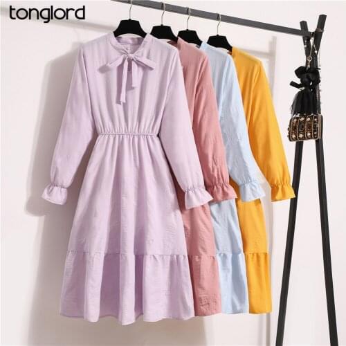 Women Long Sleeve Chiffon Dresses Autumn Solid Bow Neck Elastic Waist Office Lady Long Dress Female Flare Sleeve A-Line Dress