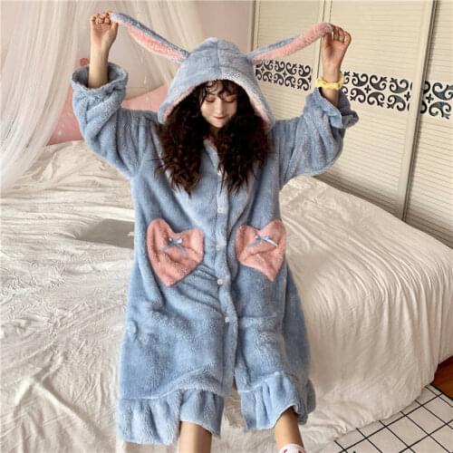 Women Winter Thick Coral Velvet Kawaii Rabbit Ears Nightgowns Pocket Girls Homewear Korean Fashion Femme Sleepshirts Nightdress