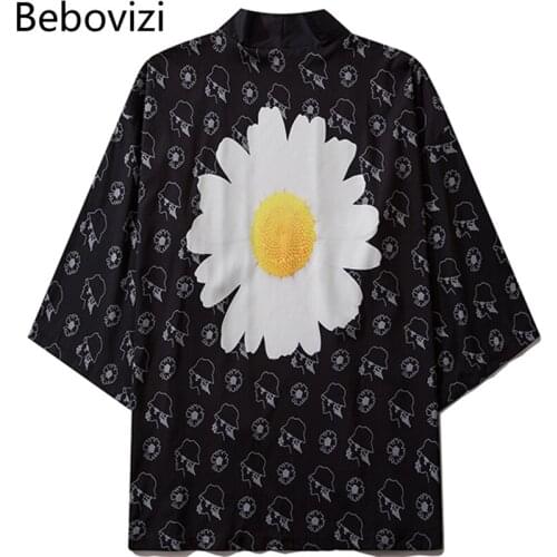 Bebovizi Japanese Style Daisy Flowers Print Women Cardigan Kimono Summer Fashion Shirt Tops Casual Loose Black Coat Yukata Robe