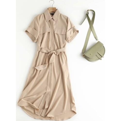 2021 New Women Slim Vestidos Summer Light Khaki Long Dress Women Short Sleeve Vestido With waistband