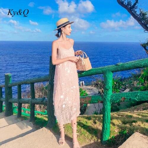 Holiday Style Bling Bling Sling V-Neck Sequin Lace Long Dress Handmade Womens Luxury Mermaid Pink Seaside Party Dresses