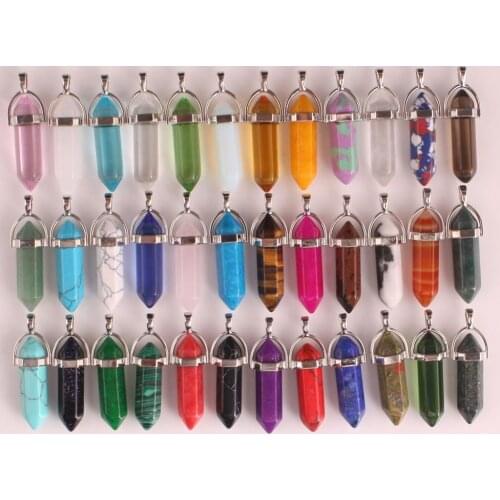 50pcs Natural Stone Necklace Pendant Quartz Malachite Opal Crystal Agates turquoises Hexagonal Column Chakra Pendulum 32*8mm