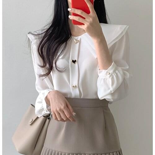 White Shirts Women Korean Fashion Female Clothing Solid Double-layer Long Sleeve Chiffon Blouses Autumn Chic Button Basic Tops