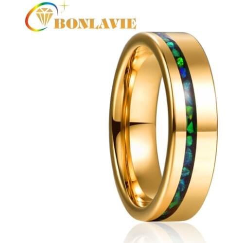 BONLAVIE 6mm Electric Gold Polished Inlaid Green Opal Tungsten Carbide Ring Mens Fashion Wedding Jewelry Best Gift