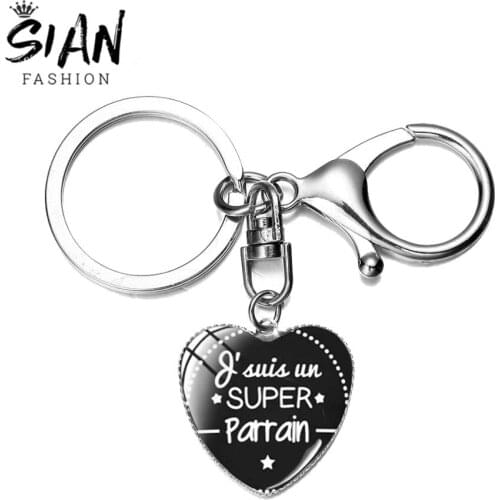 SIAN Je Suis Une Super Parrain Keychain Cartoon Letter Design Glass Dome Handmade Heart Lobster Clasp Key Rings Godfather Gifts