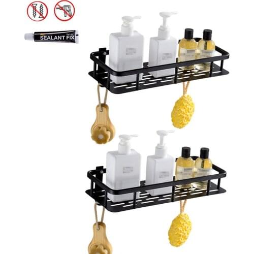 Black Shower Caddy Wall Mounted Bathroom Rectangular Shelves Bath 1/2 Layer Shelf with Hook for Shampoo Storage etagere banheiro