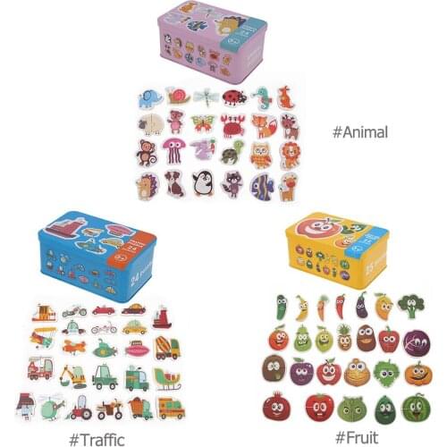Wooden Cartoon Cognition Puzzles Toys Baby Iron Box Cards Matching Game
