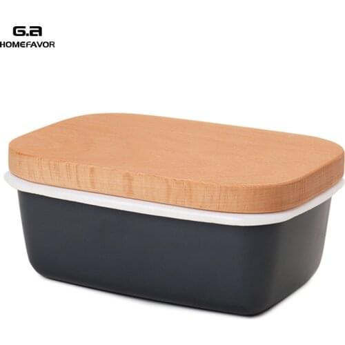 Enamel Butter Box Dish Fruit Preserve Storage Box New Butter Container With Wooden Lid Cover Kitchen Accessories