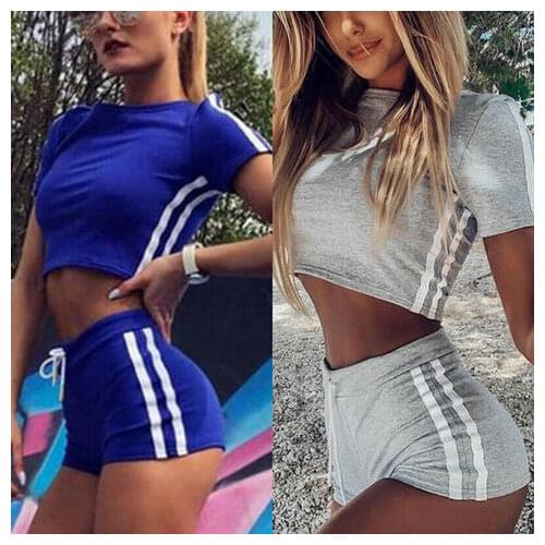 Summer Two Piece Short Sleeve + Shorts Womens Running Set Tracksuits Set Ladies Sports Set Suits