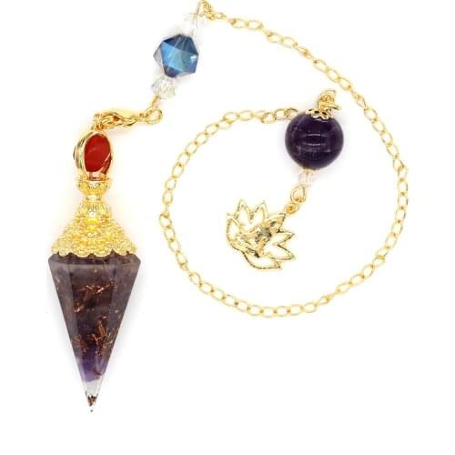 Trendy-beads Light Yellow Gold Color Amethysts Stone and Resin Orgonite Pendant with Beads Chain Meditation Jewelry