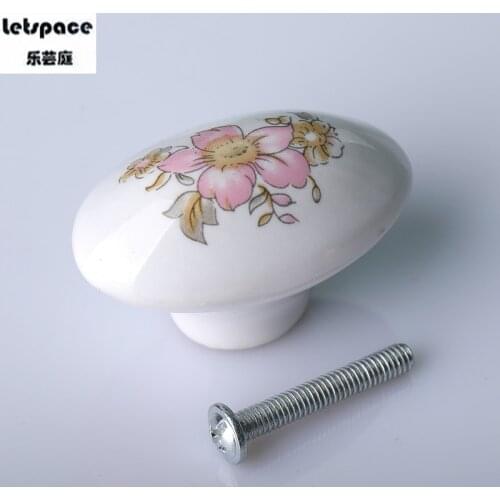Fashion printing rural oval ceramic drawer shoe cabint bathroon cabinet knob white pink porcelain cupboard dresserhandle knob