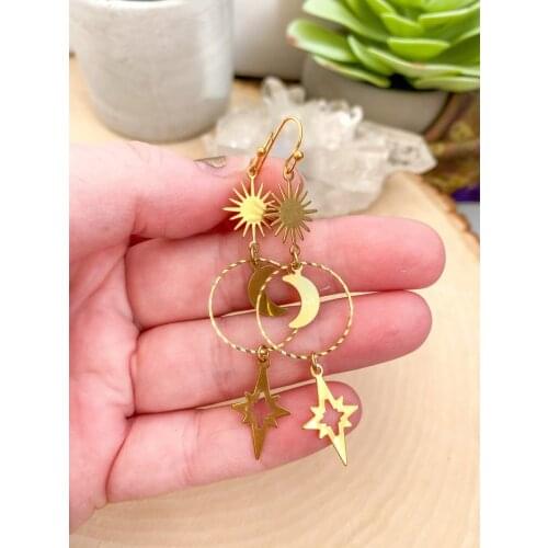 Celestial Boho Earrings | Boho Brass Star & Moon Earrings | Lightweight Boho Earrings