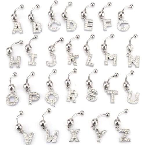 New 26 Letter Style Charming Body Piercing Crystal Rhinestone Inlaid Navel Belly Button Ring Stainless Steel Jewelry