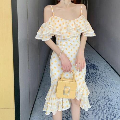 New arrival fashion dress women elegant summer thin sexy spaghetti strap ruffles beach dress sweet temperament dot mermaid dress