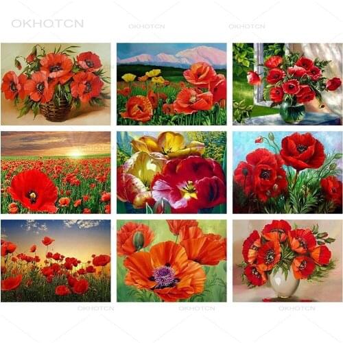 OKHOTCN Diamond Painting Poppy Flowers Full Drill Square Diamond Embroidery Flowers Cross Stitch Rhinestone Picture Home Decor