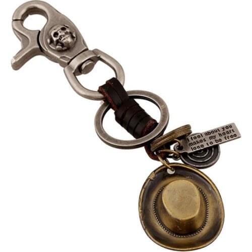 Punk Rock Alloy Keychain Vintage Skull Cowboy Hat Hanging Pendants Leather Keyring Pants Bag Car Key Chain Holder Hippie Jewelry