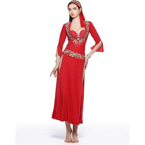 Belly Dance Beledi Saiidi Dress Embroidery Sequin Costume red black 5pieces Set dress+bra+headpiece+belt+shorts