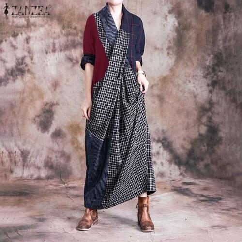 ZANZEA Spring Casual V Neck Sundress Women Long Sleeve Check Dress Fashion Patchwork Asymmetrical Long Vestidos Female Kaftan