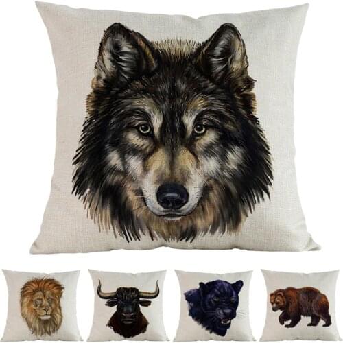 Blank Background Animals Wild Beast Wolf Bear Lion Leopard Buffalo Pig Pattern Pillow Case Home Sofa Decoration Cushion Cover