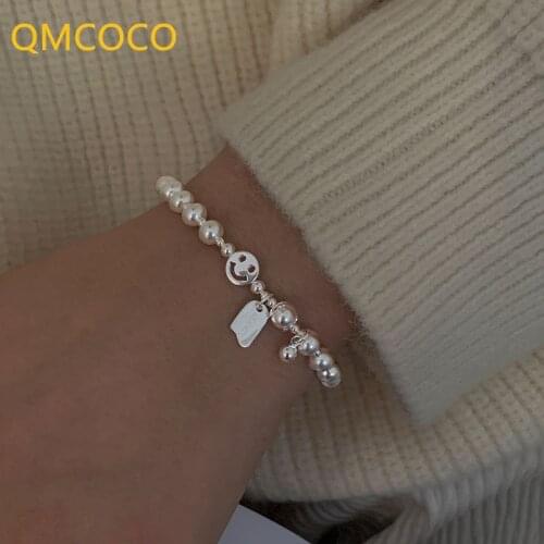 QMCOCO 925 Silver Fashion Simple Round Bead Simle Face Bracelets For Women/Girl Punk Hip-Hop Trendy Jewelry Accessories Gifts