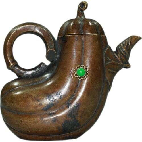 Early collection of brass inlaid gem eggplant wine pot ornaments family decorations