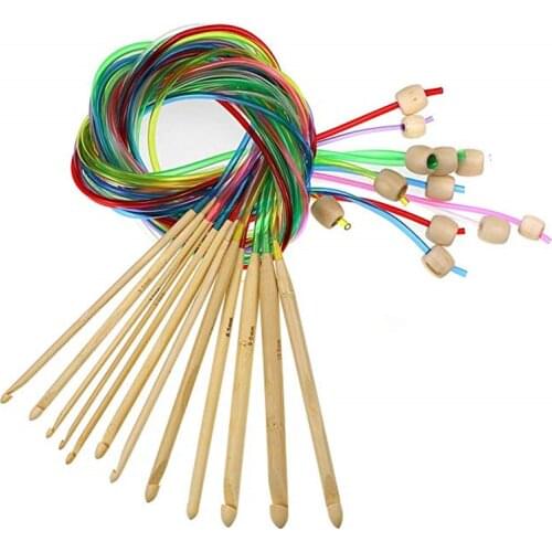 12 Size 3.0-10.0mm Tunisian Afghan Knitting Needles Crochet with Plastic Cable Carbonized Bamboo Knitting Needle for Carpet Rugs