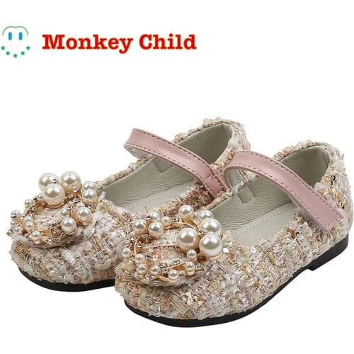 Girls Shoes Pearls Princess Shoes Costume Tweed Baby Kids Children Mary Janes Shoes Plaid Bead Toddlers Non-slip Lady shoes