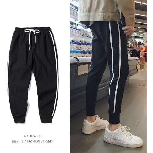 Outdoor 2019 Spring Autumn elastic waist harem striped track trousers men hip hop teenagers ankle length pencil pants men