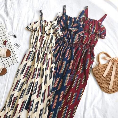 2019 New Summer Fashion Panelled Striped Jumpsuits Women Bohemian Ruffles Chiffon Pants Female Holiday Slim Wide Leg Pants Mw571