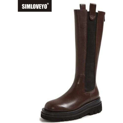 SIMLOVEYO Size 33-43 Slip On Genuine Leather Boots Women Thick High Sole Chelsea British Style Winter Platform Knee High Bootie