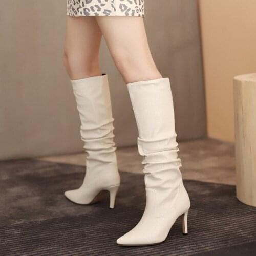 Ochanmeb Crocodile Snake Print Knee High Boots Women Chic Celebrity Pleated Boots Fall Winter 2021 High Heels Shoes Woman 34-43