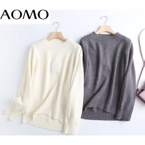 AOMO Women 2021 Fashion Elegant Beige Knitted Sweater Jumper O Neck Female Oversize Pullovers Chic Tops 6D24A
