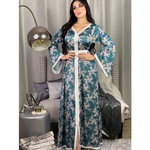 Women Dubai Jalabiya Arab Ethnic Dress Muslim Fashion Maxi Hijab Dress Floral Print Braided Trim Morocco Party Eid Abaya Caftan
