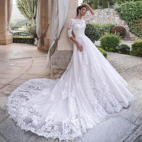 Thinyfull 2020 Elegant Wedding Dresses A Line O Neck Half Sleeve Bride Dresses Tulle Lace Up Lace Appliques Vestidos de novia