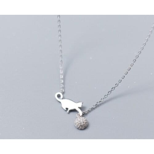 100% real 925 Sterling Silver Fine Jewelry Kitten Cat playing the Crystals Ball Pendant Necklace Charms C-D3760