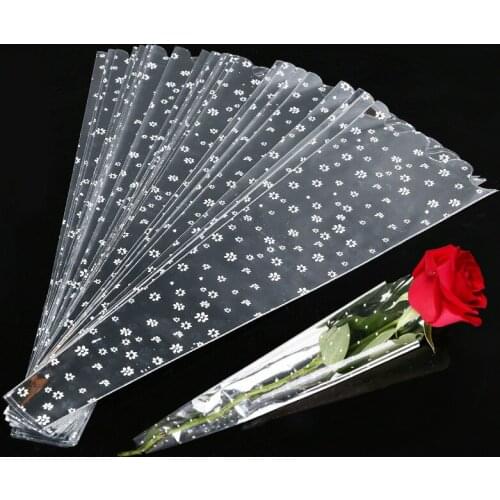 100pcs Transparency Opp Bag Wedding Rose Single Flower Bag Bouquet Wrapping Paper Plastic Bag Floral Packaging Materials