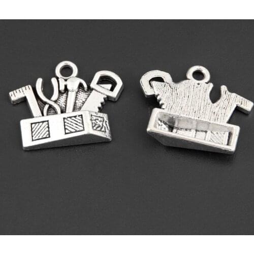 20pcs Silver Color 17x22mm Toolkit Charms Hammer Saw Tool Box Pendant Fit Mens Gift DIY Jewelry Making Handcrafted Accessories